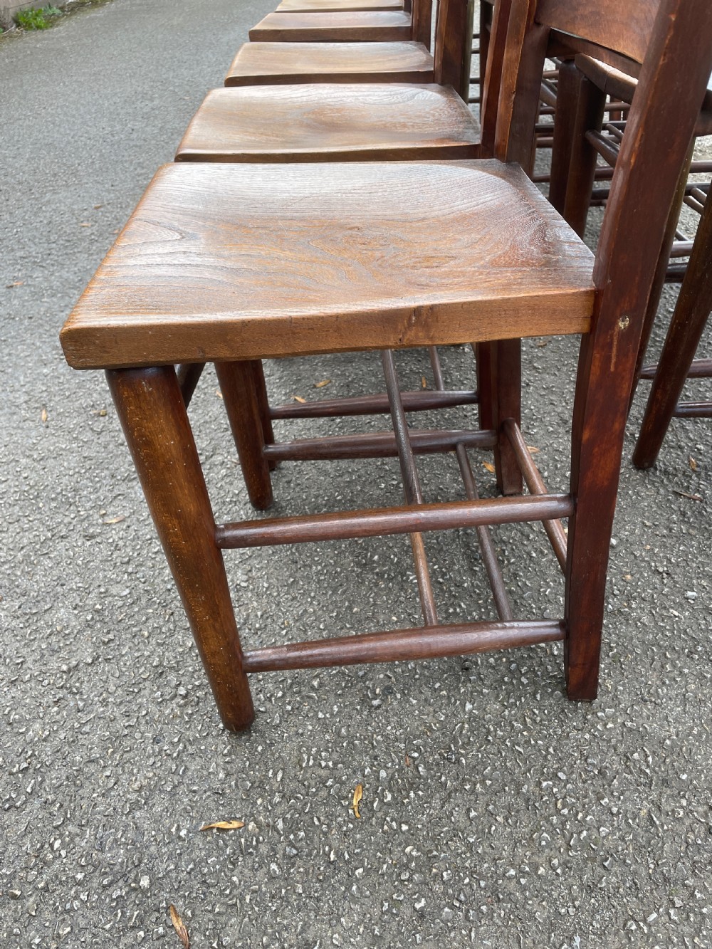 Set of 12 Victorian elm seated chapel chairs  View IV