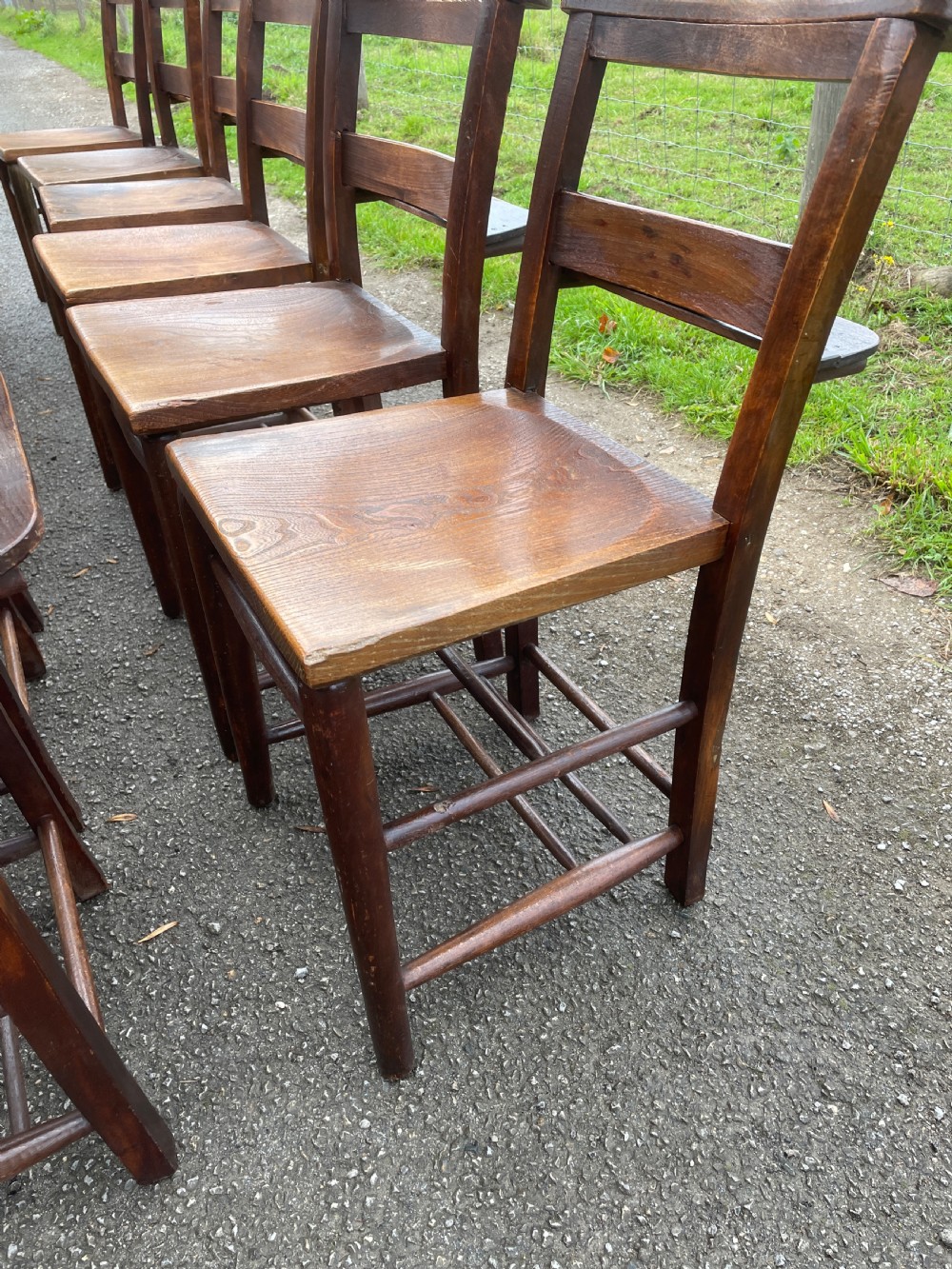 Set of 12 Victorian elm seated chapel chairs  View V