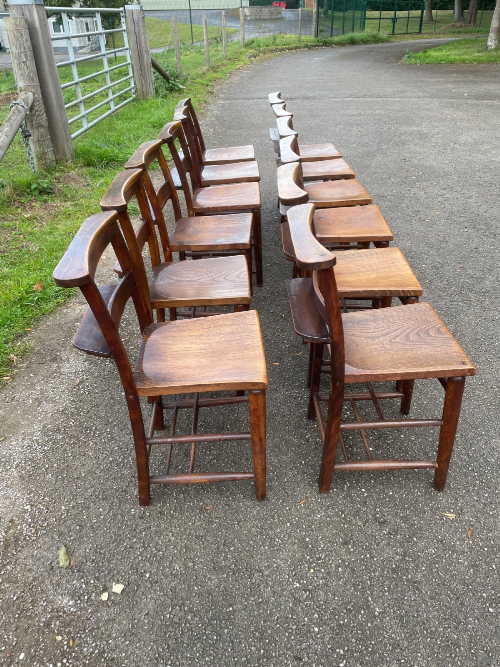 Set of 12 Victorian elm seated chapel chairs  View VI