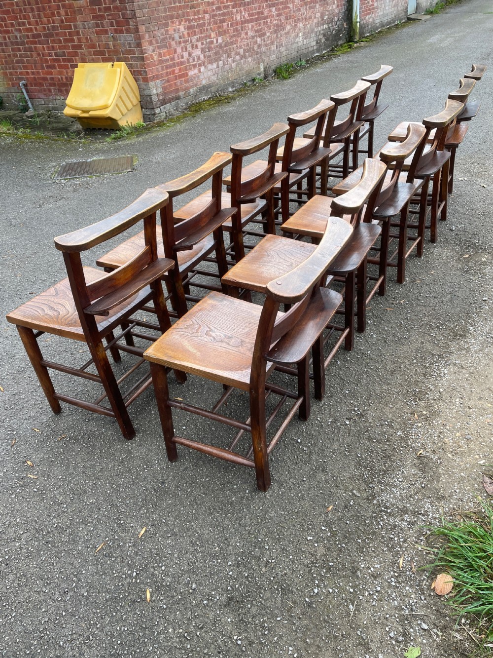 Set of 12 Victorian elm seated chapel chairs  View VII