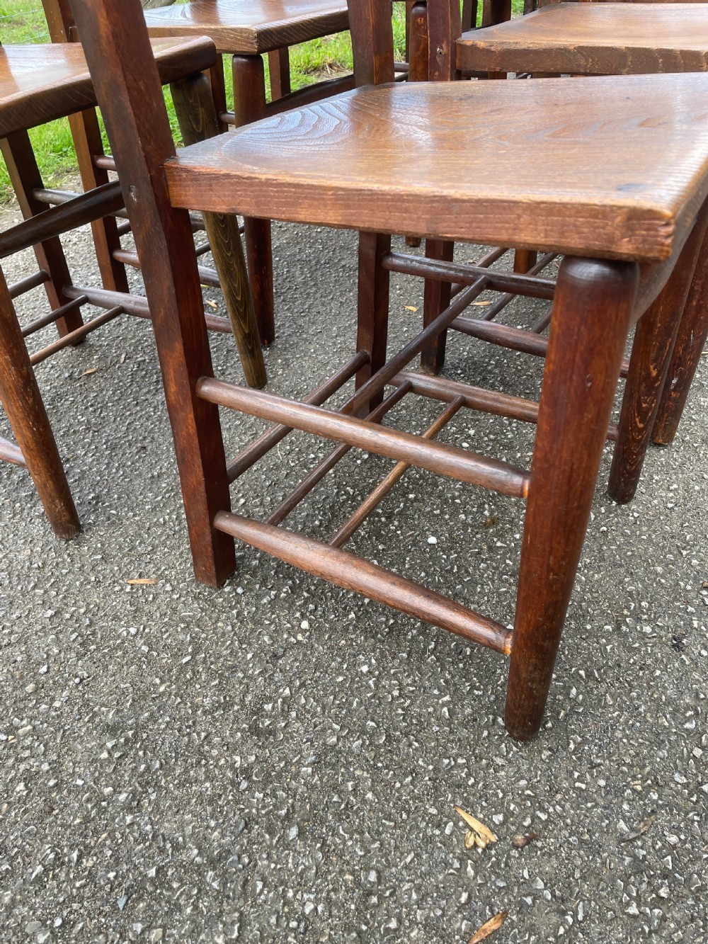 Set of 12 Victorian elm seated chapel chairs  View X