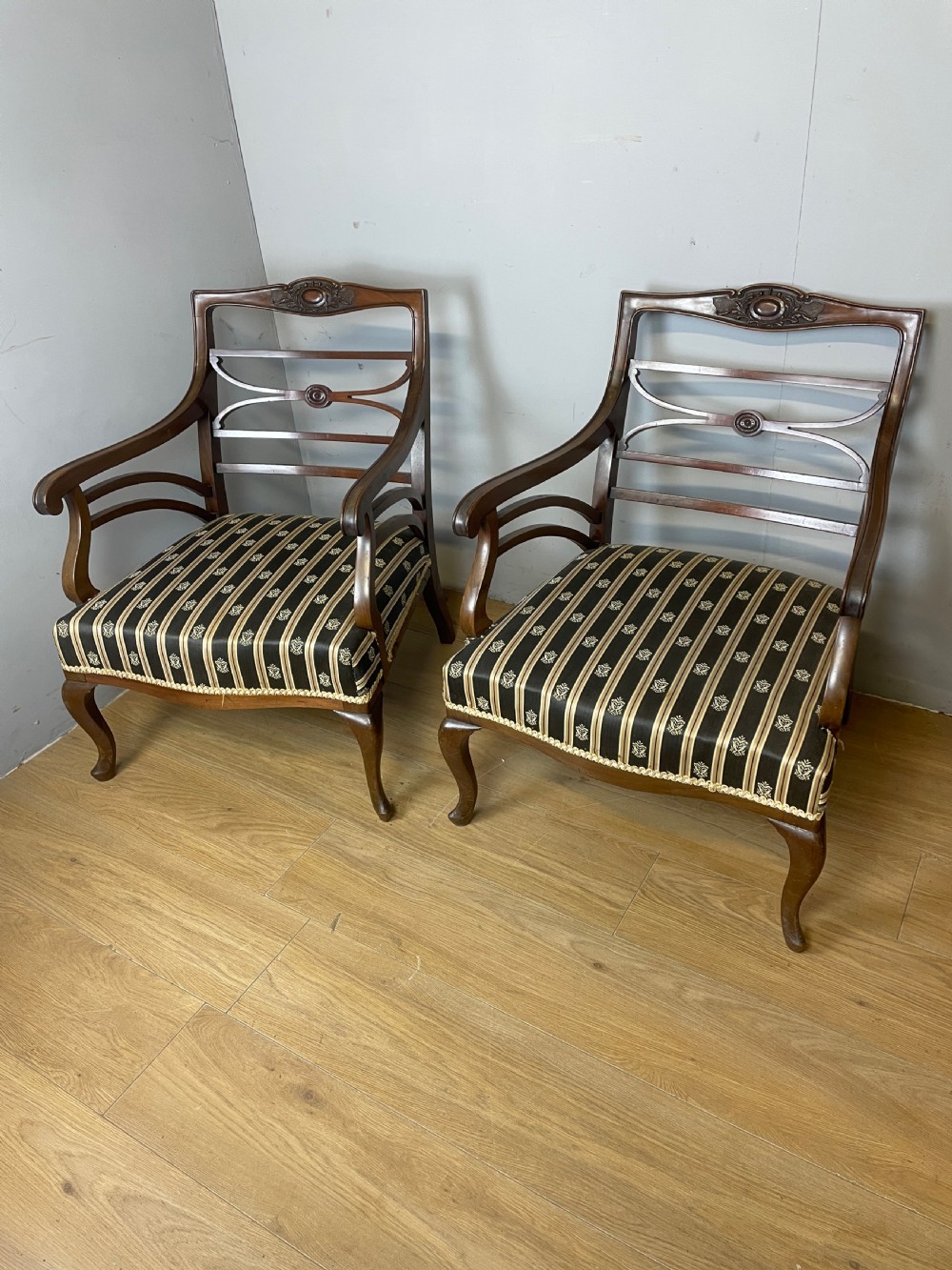 C19th Pair of Georgian style mahogany open arm chairs 