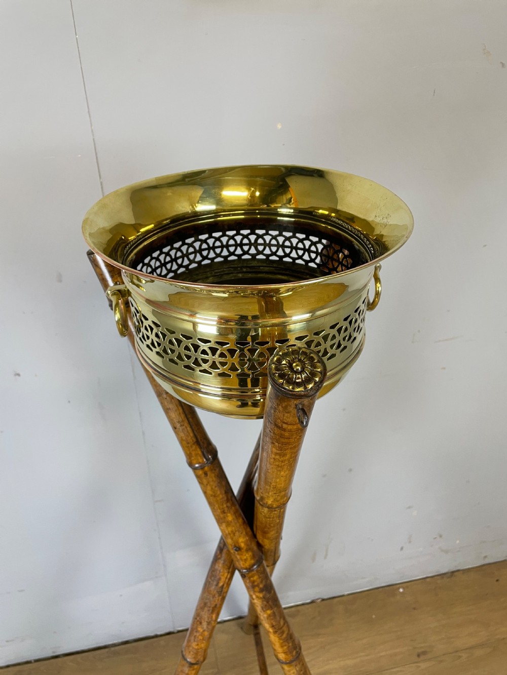 Nineteenth century bamboo tripod stand and jardiniere  View II