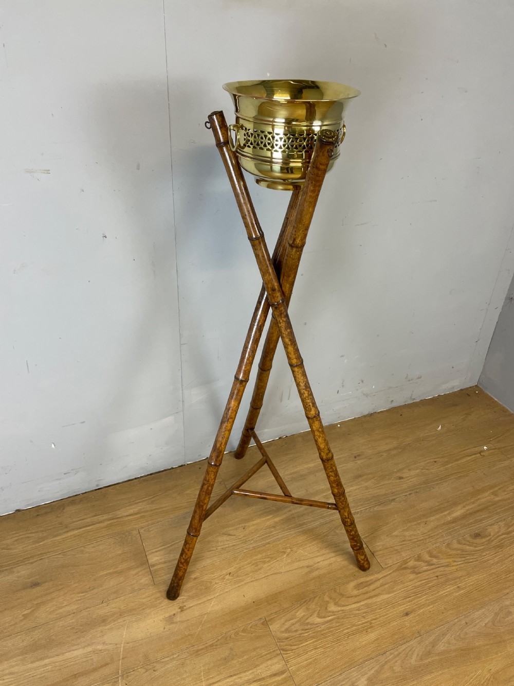 Nineteenth century bamboo tripod stand and jardiniere  View III