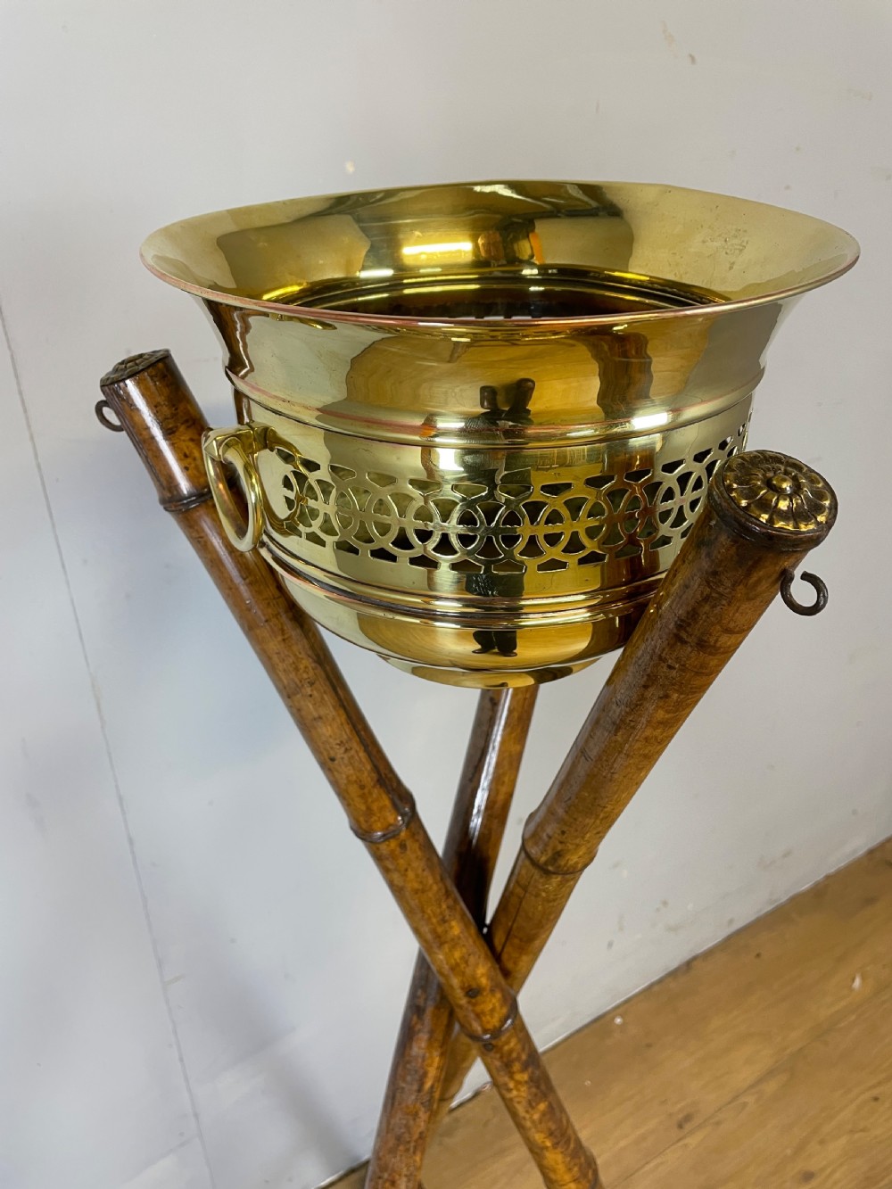 Nineteenth century bamboo tripod stand and jardiniere  View VI
