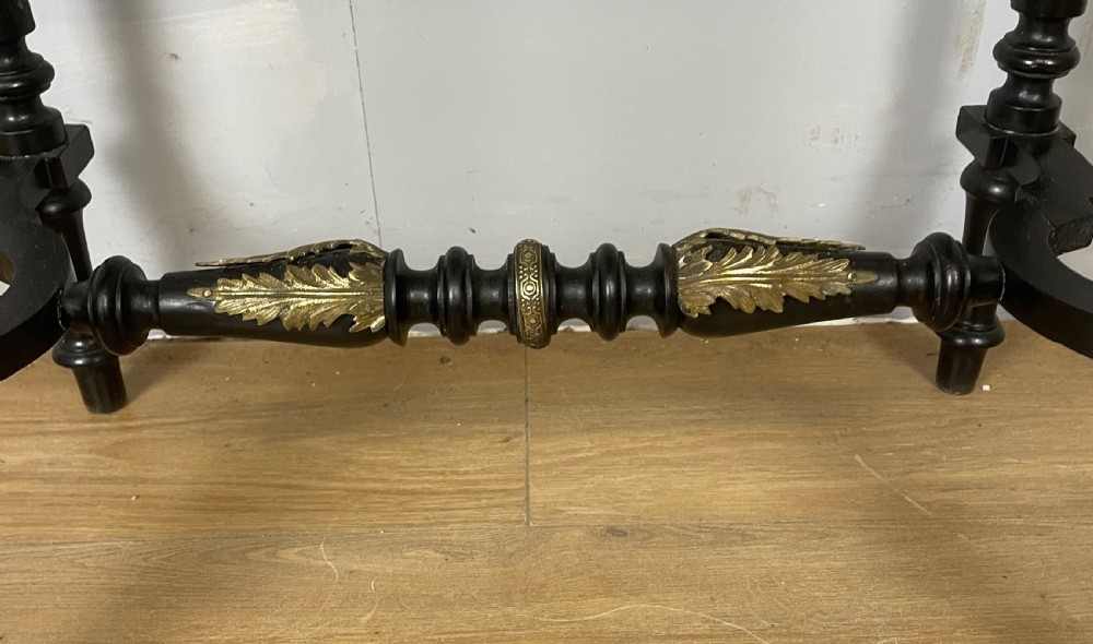 A 19th-century ebonised rectangular jardiniere table featuring intricate marquetry inlay, gilt-bronze mounts, turned legs, and a pierced brass gallery. View X