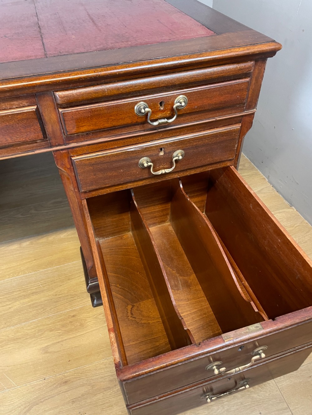 Edwardian twin pedestal mahogany desk by Cooke’s of London  View XI