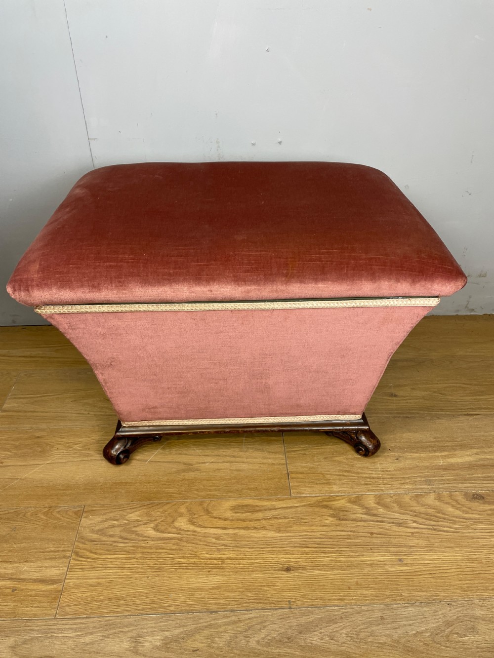 Antique Victorian  sarcophagus shaped ottoman on carved feet c1870  