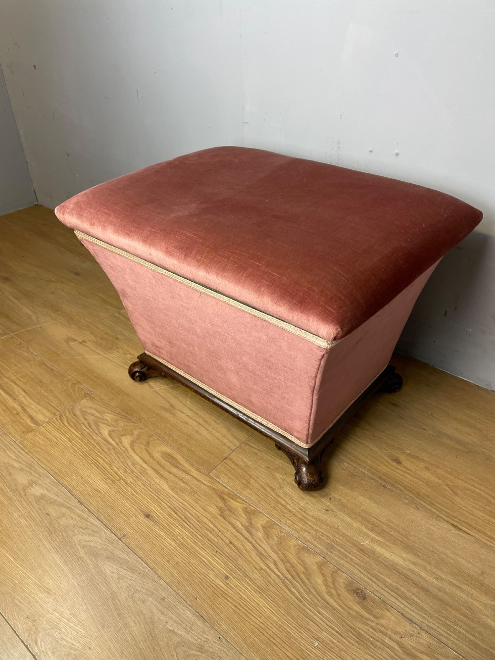 Antique Victorian  sarcophagus shaped ottoman on carved feet c1870   View II