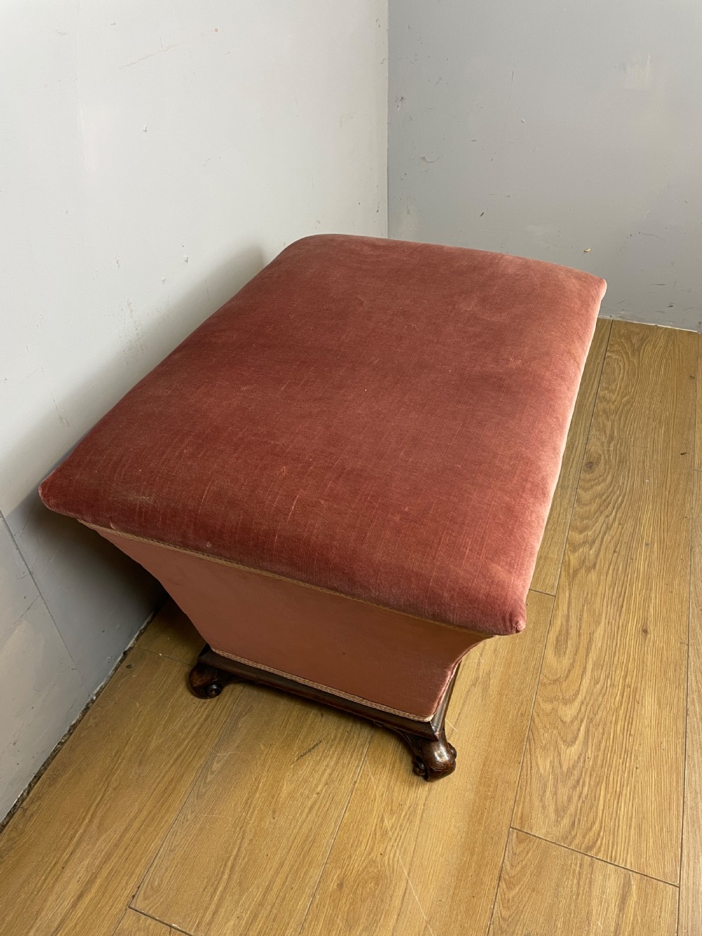 Antique Victorian  sarcophagus shaped ottoman on carved feet c1870   View IV