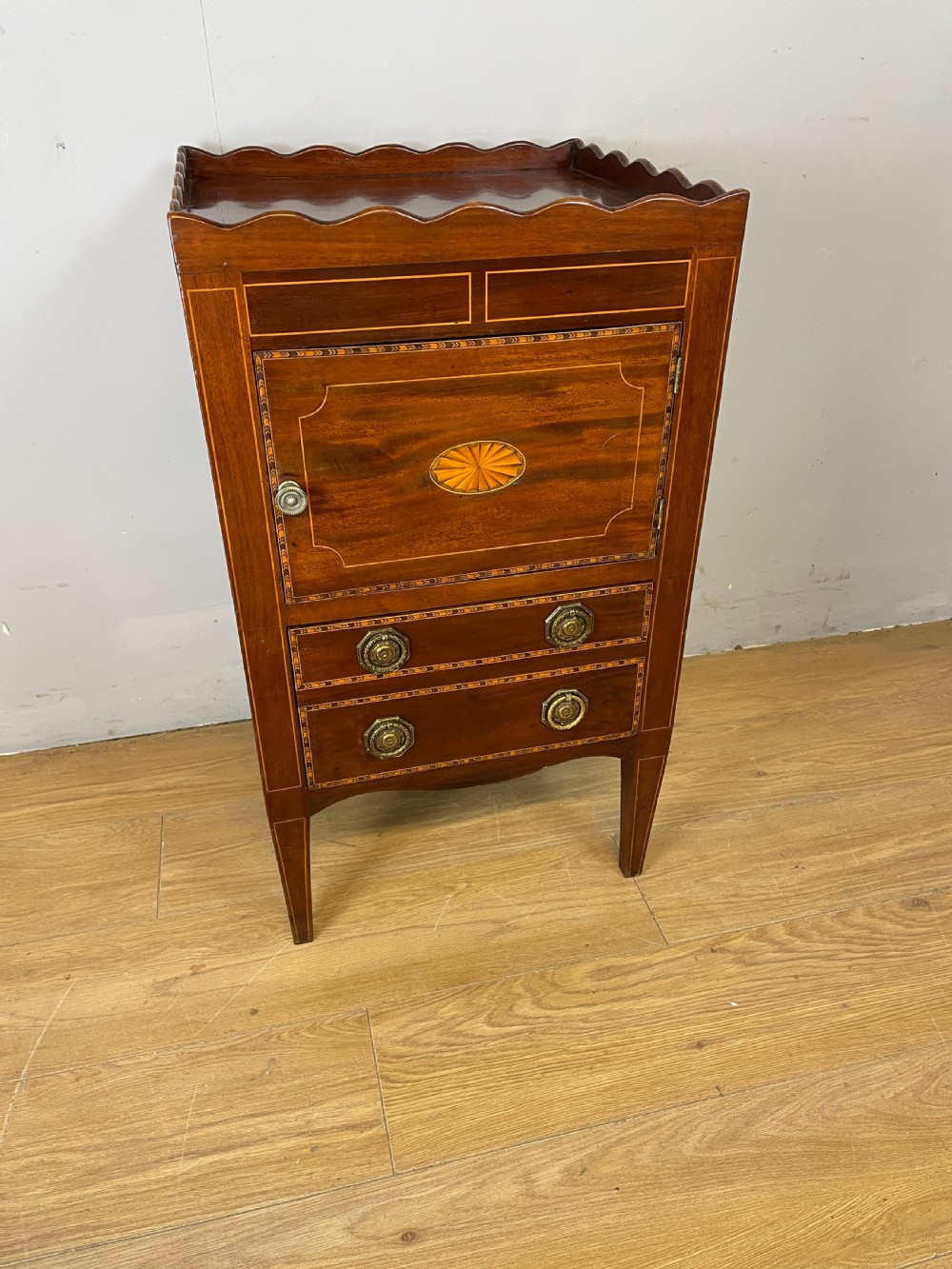 Antique Georgian inlaid mahogany bedside cupboard  View II