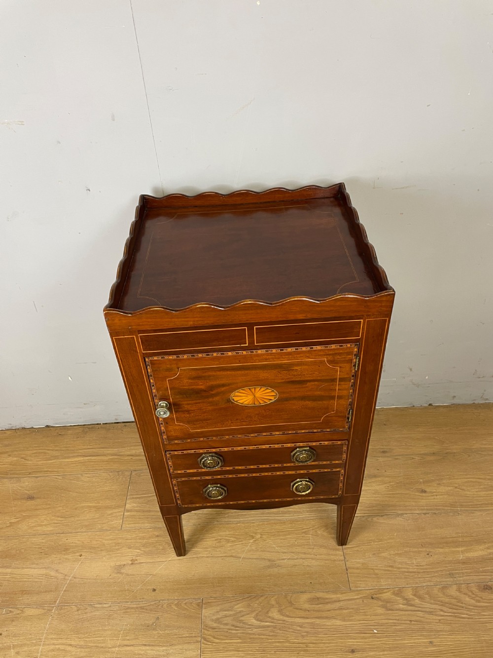 Antique Georgian inlaid mahogany bedside cupboard  View III