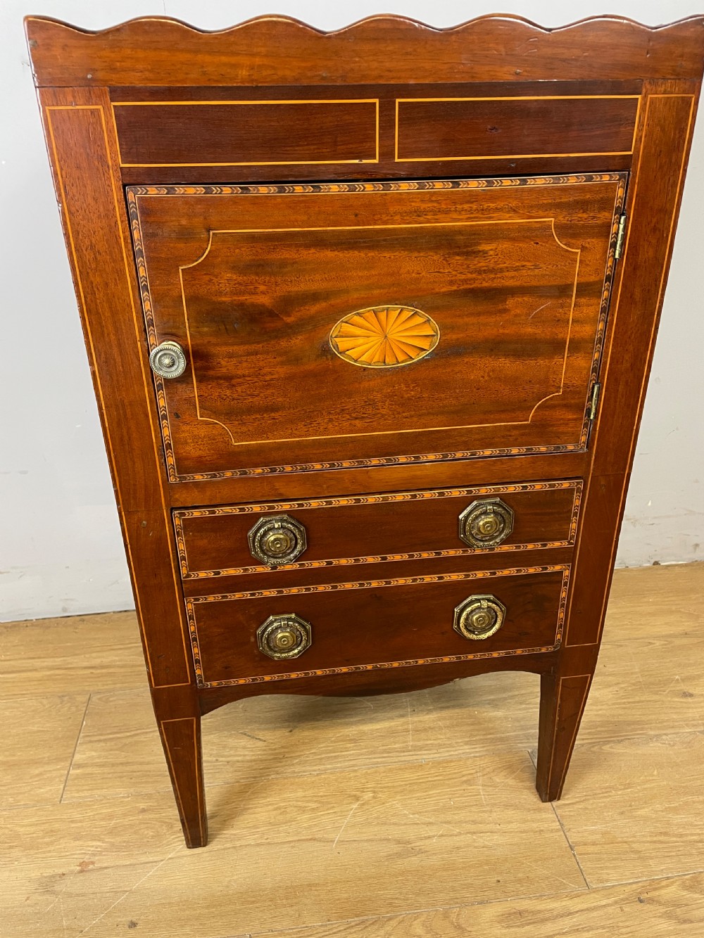 Antique Georgian inlaid mahogany bedside cupboard  View IV