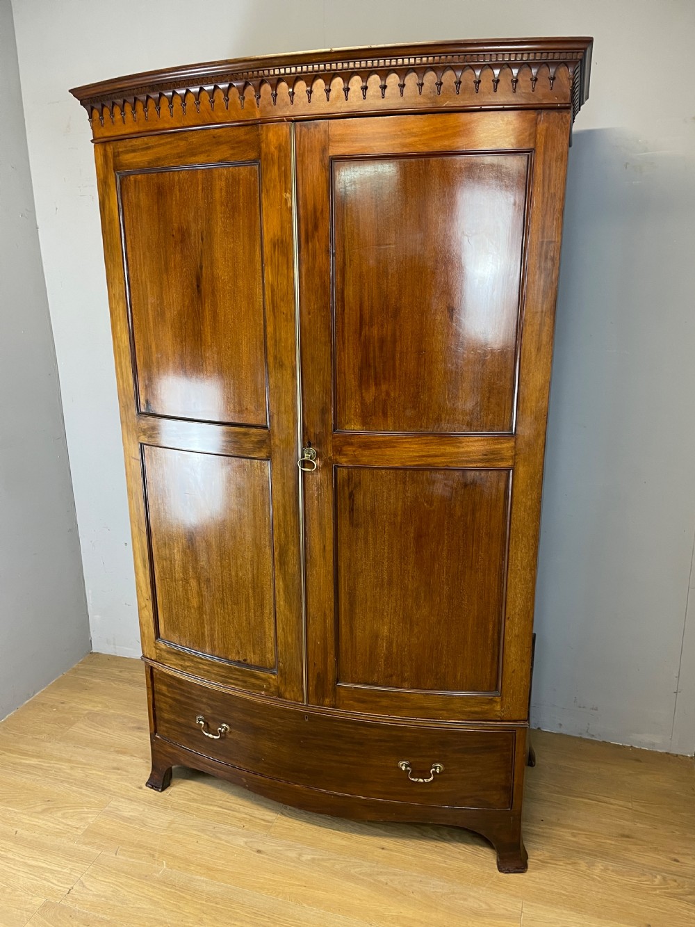 Antique C19TH mahogany bow front wardrobe  View XII