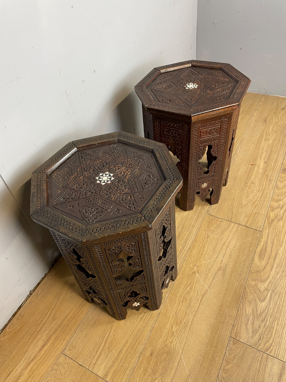 C19TH near pair of carved Anglo  Indian  octagonal tables  View II
