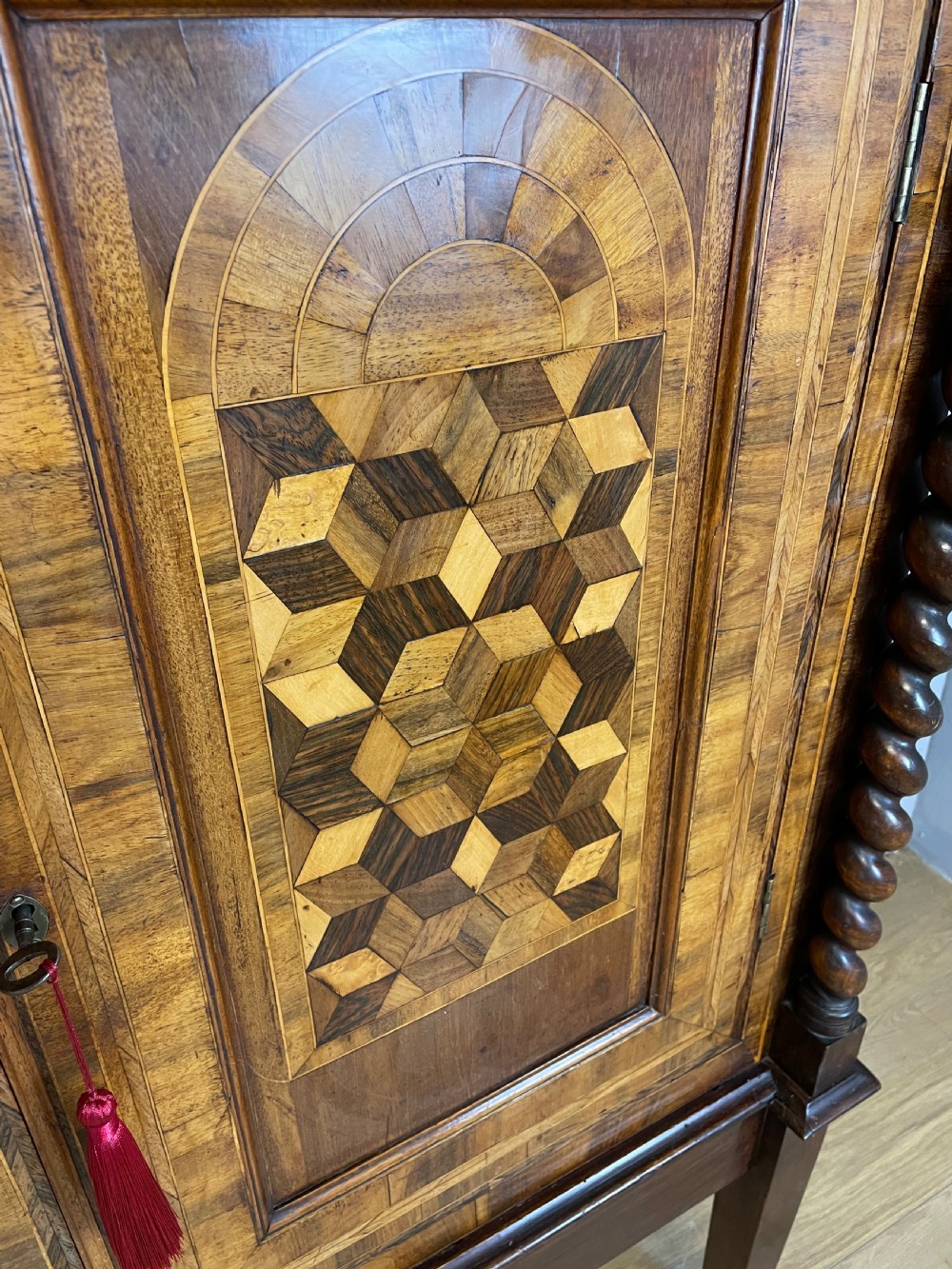 C19TH two door parquetry cupboard on stand  View III