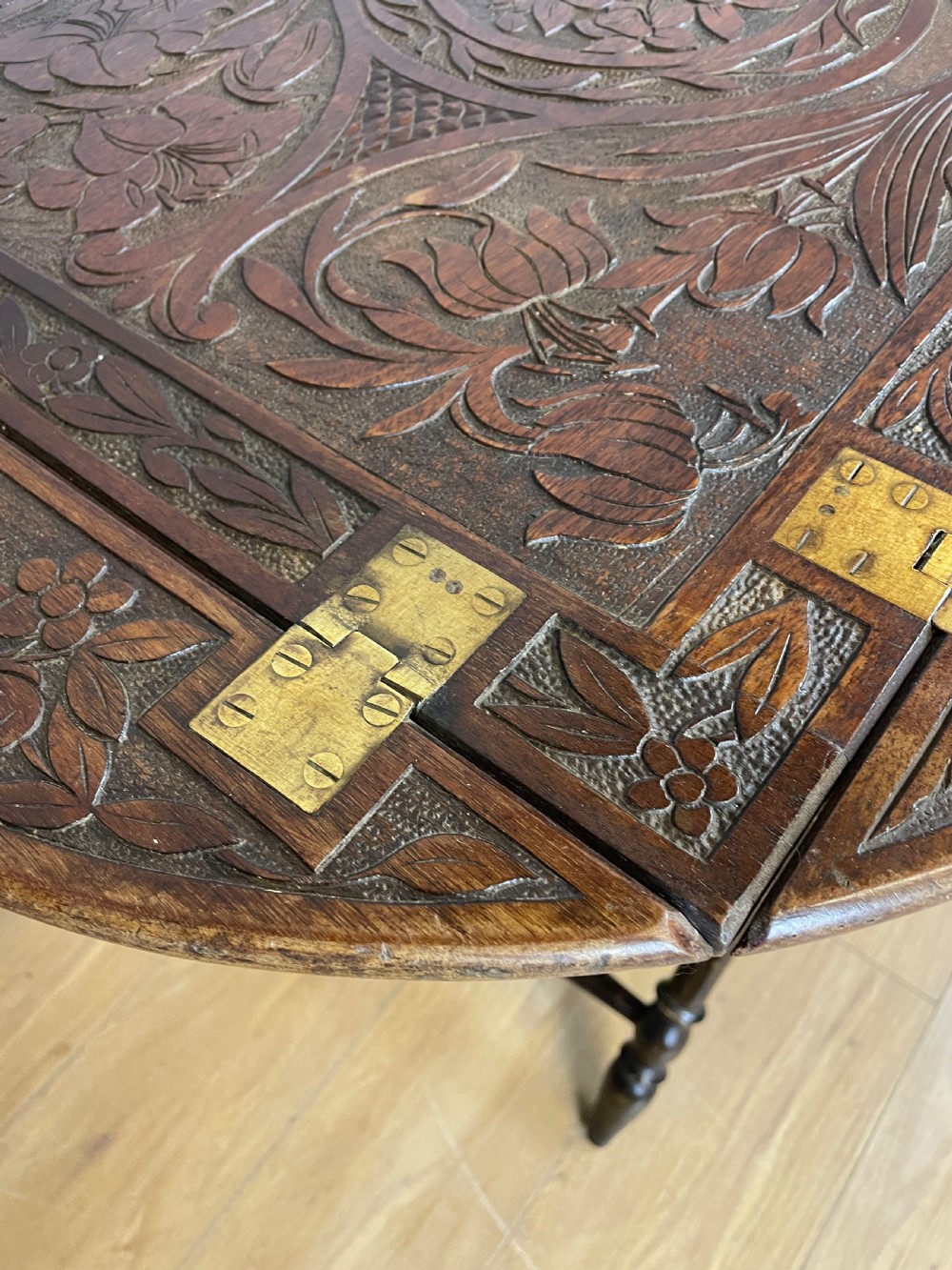 Arts and crafts carved walnut butlers tray on stand  View IV