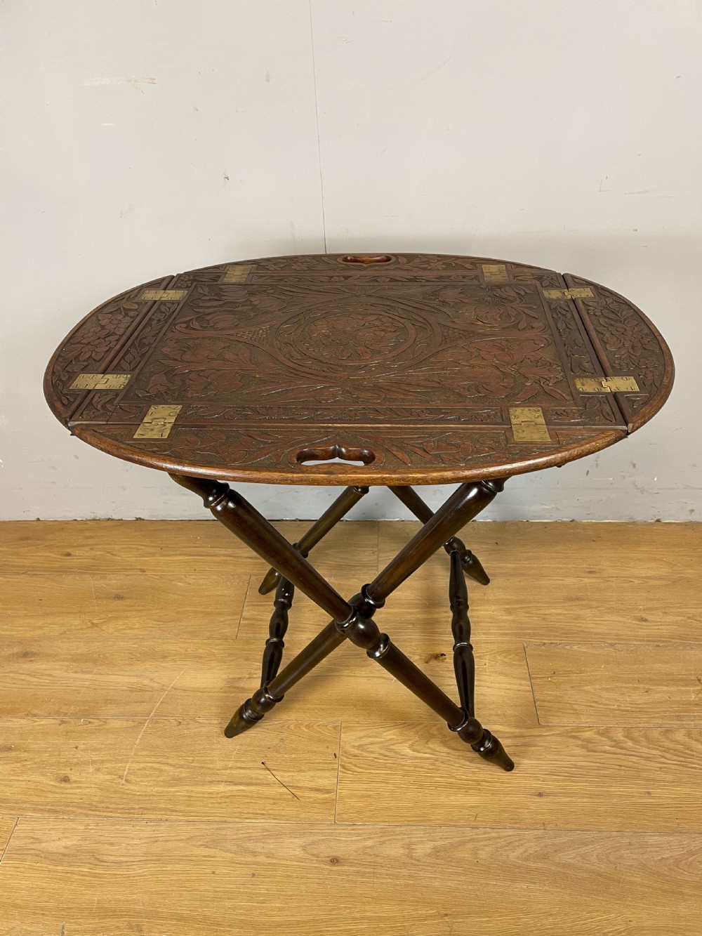 Arts and crafts carved walnut butlers tray on stand  View VI