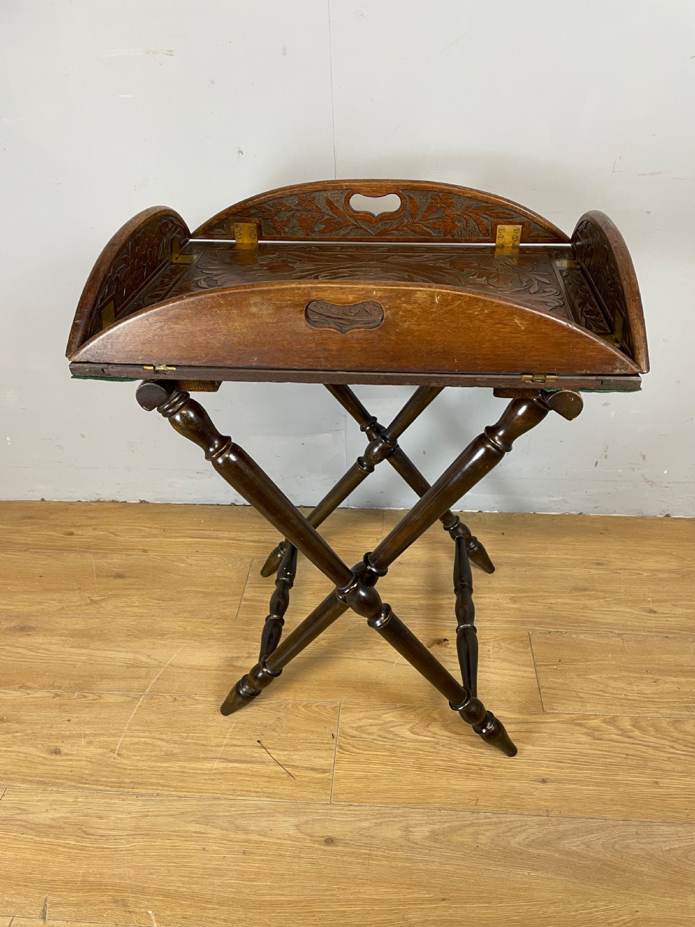 Arts and crafts carved walnut butlers tray on stand  View VII