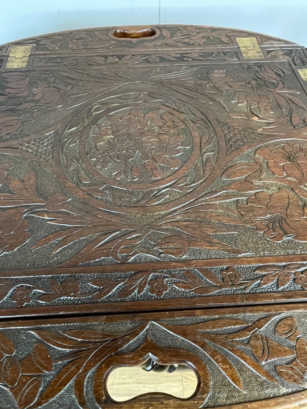 Arts and crafts carved walnut butlers tray on stand  View VIII