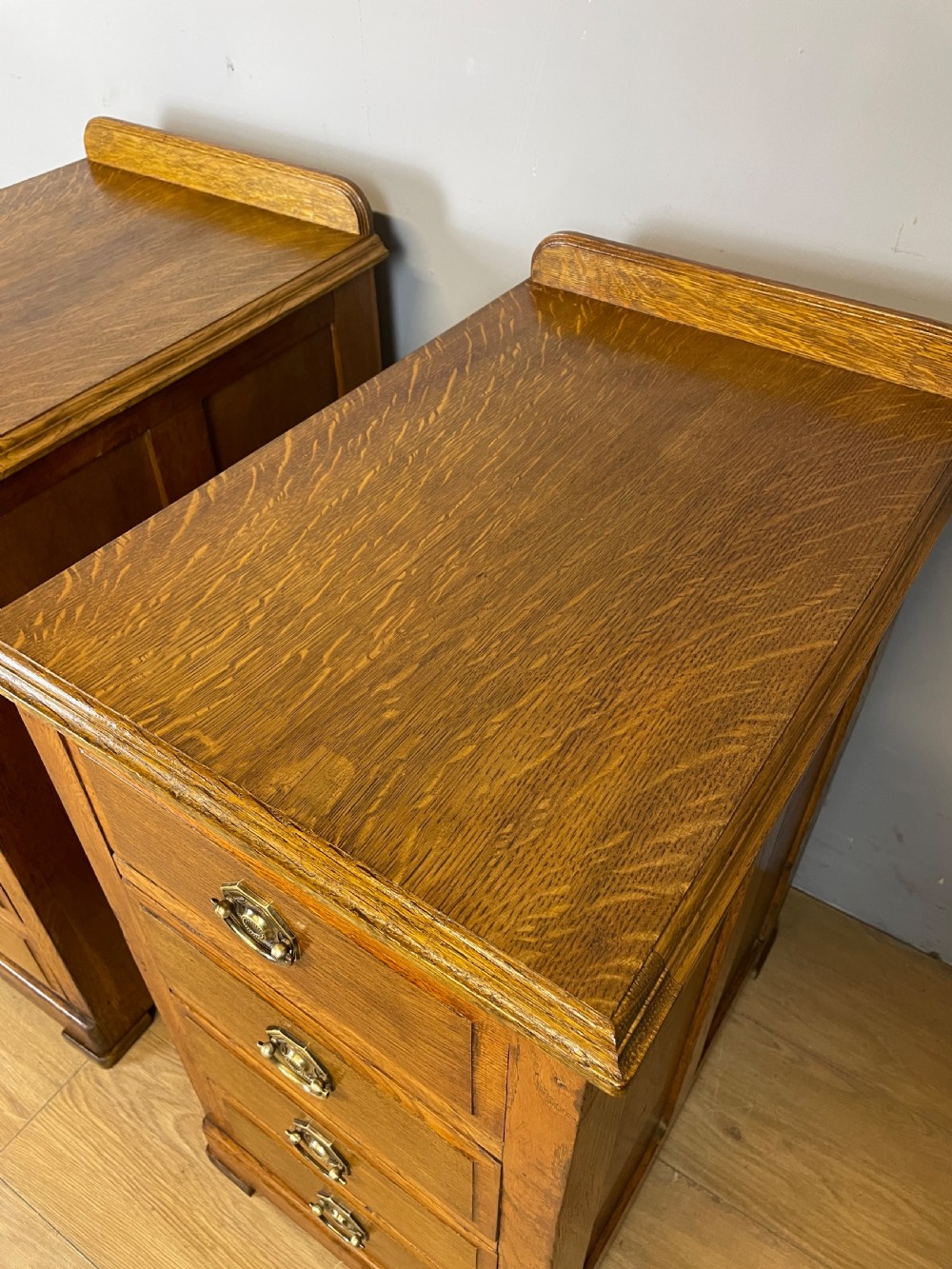 Edwardian golden oak pair of bedside cabinets  View III