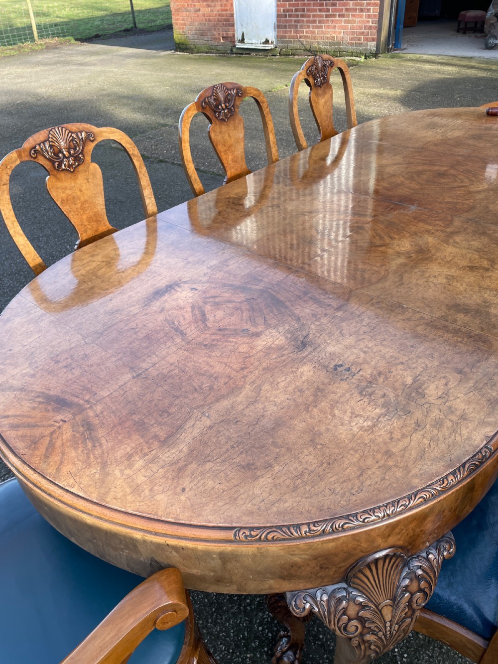 Burr walnut Queen Anne 8 seater wind out table and eight chairs by Charles Walker of Harrogate  View II