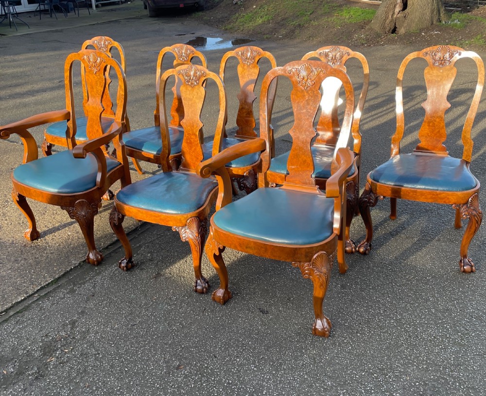 Burr walnut Queen Anne 8 seater wind out table and eight chairs by Charles Walker of Harrogate  View IV