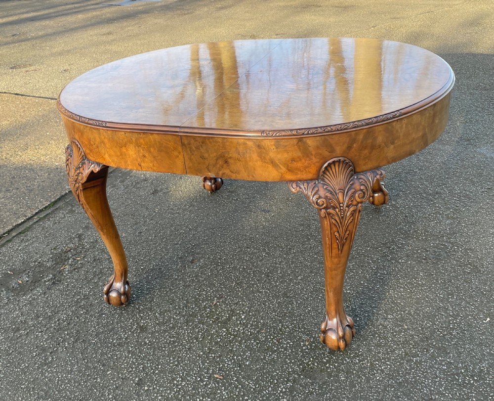 Burr walnut Queen Anne 8 seater wind out table and eight chairs by Charles Walker of Harrogate  View VI