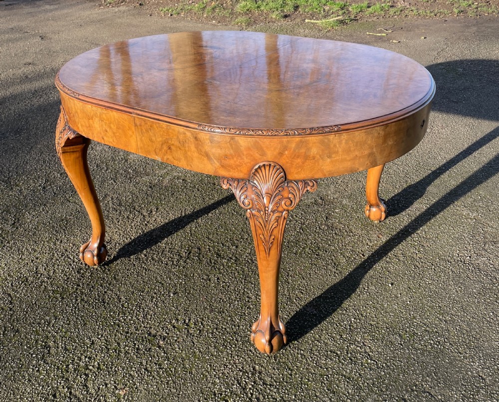 Burr walnut Queen Anne 8 seater wind out table and eight chairs by Charles Walker of Harrogate  View VII