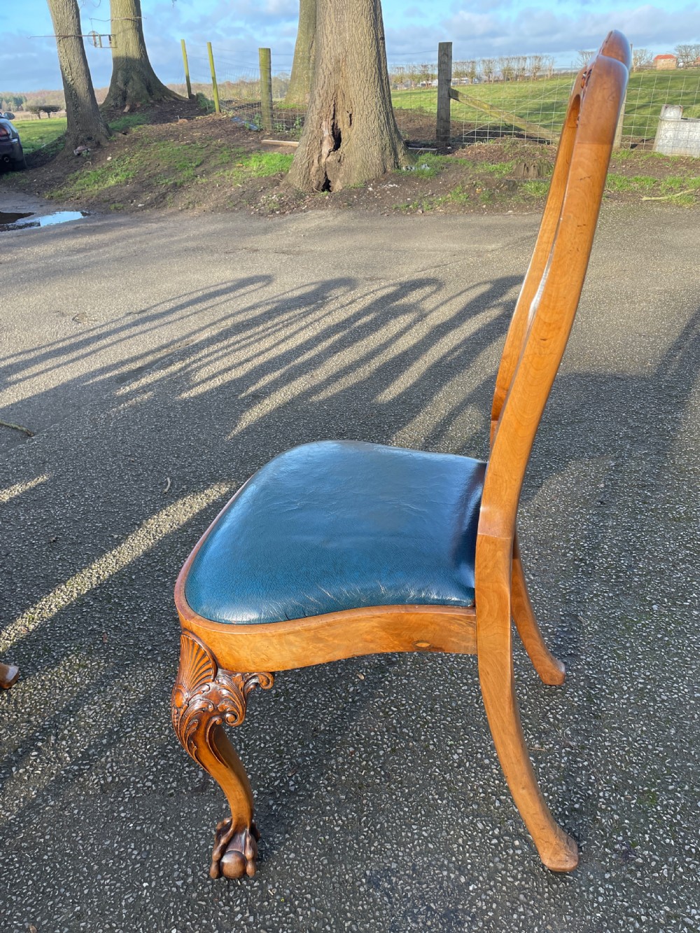 Burr walnut Queen Anne 8 seater wind out table and eight chairs by Charles Walker of Harrogate  View XIII