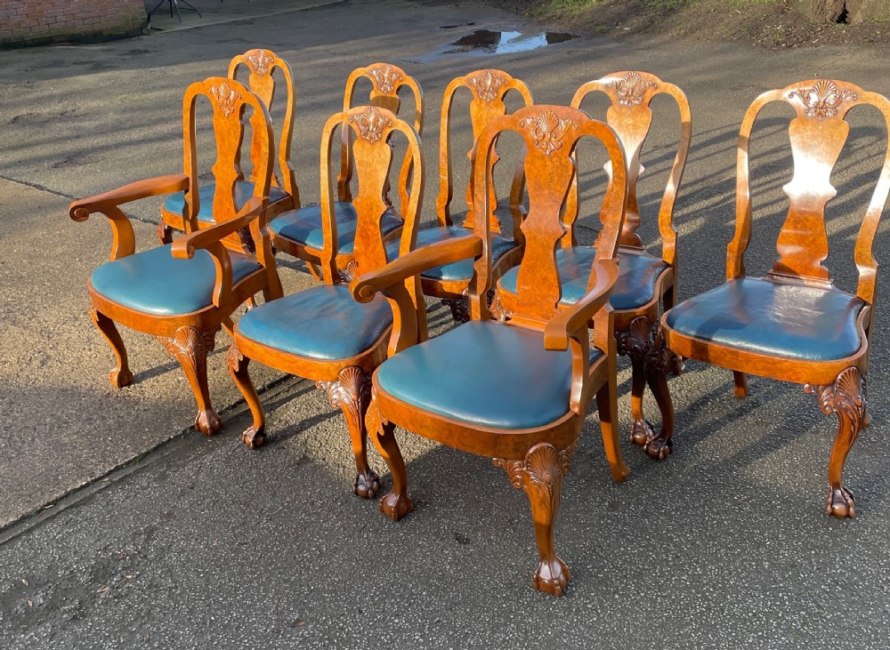 Burr walnut Queen Anne 8 seater wind out table and eight chairs by Charles Walker of Harrogate  View XVI