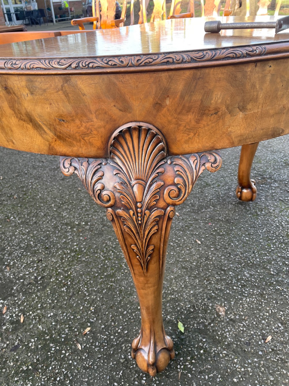 Burr walnut Queen Anne 8 seater wind out table and eight chairs by Charles Walker of Harrogate  View XVII