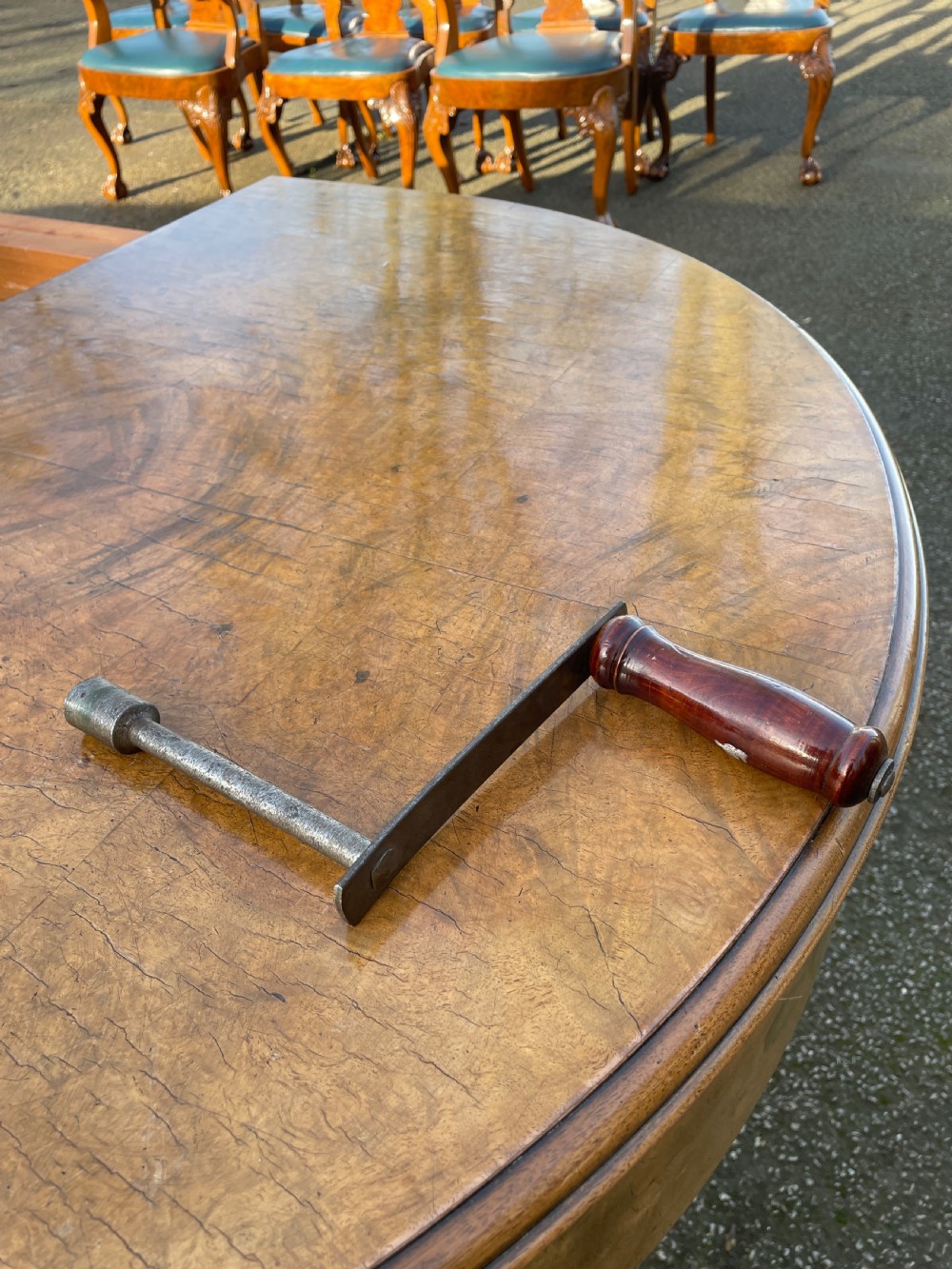 Burr walnut Queen Anne 8 seater wind out table and eight chairs by Charles Walker of Harrogate  View XVIII