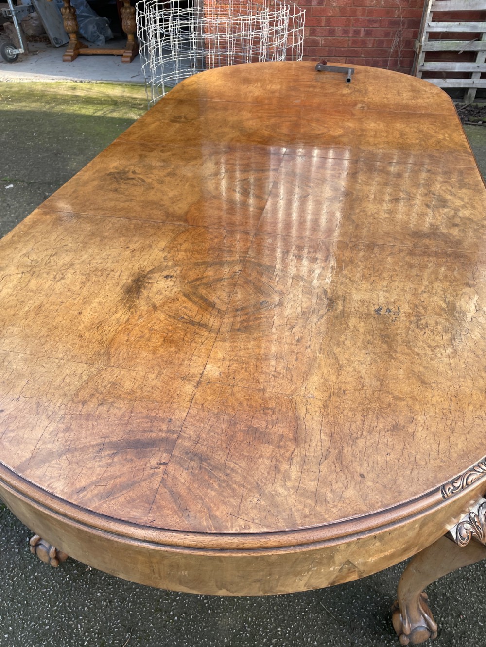 Burr walnut Queen Anne 8 seater wind out table and eight chairs by Charles Walker of Harrogate  View XXVI