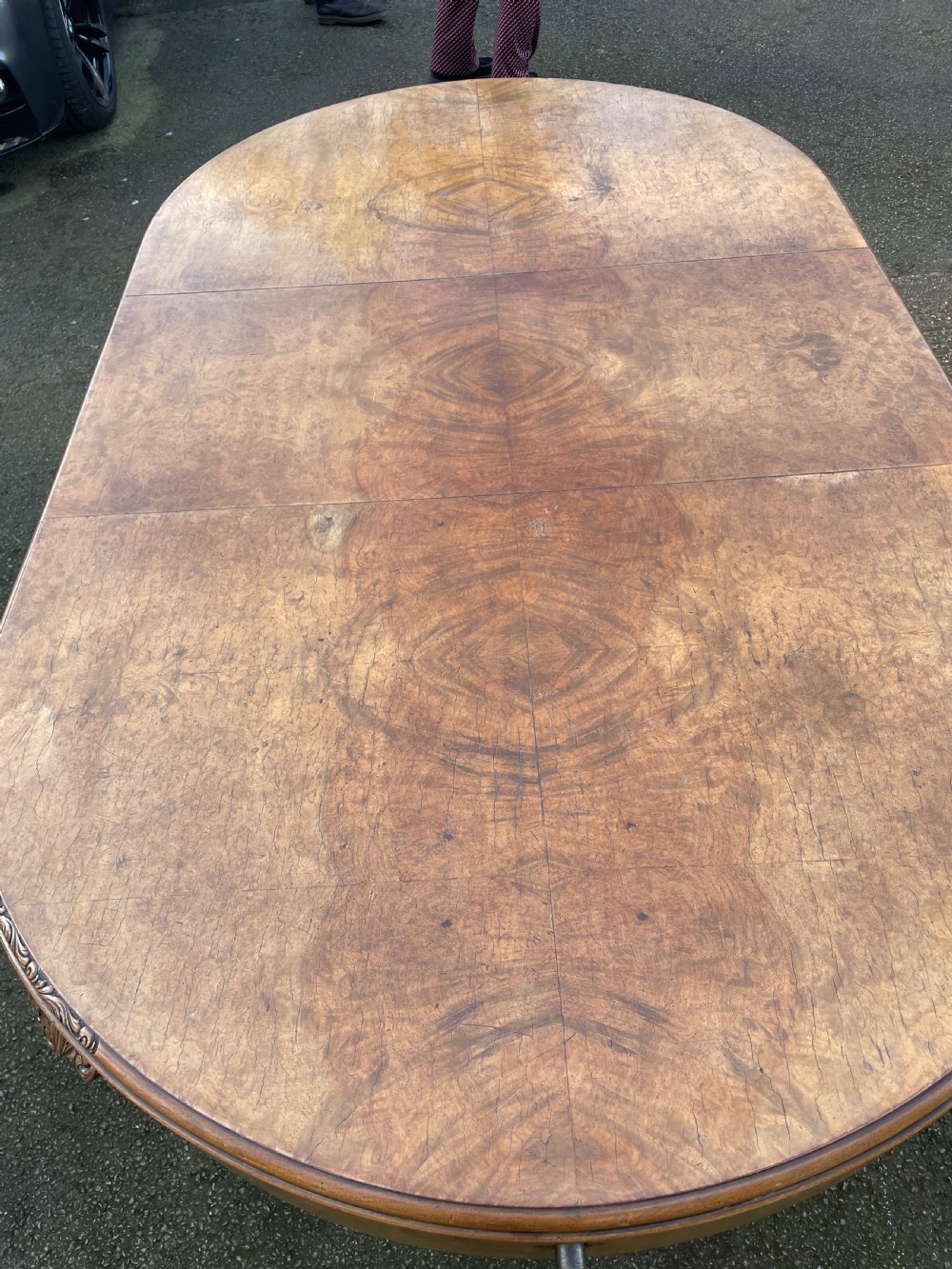 Burr walnut Queen Anne 8 seater wind out table and eight chairs by Charles Walker of Harrogate  View XXVII