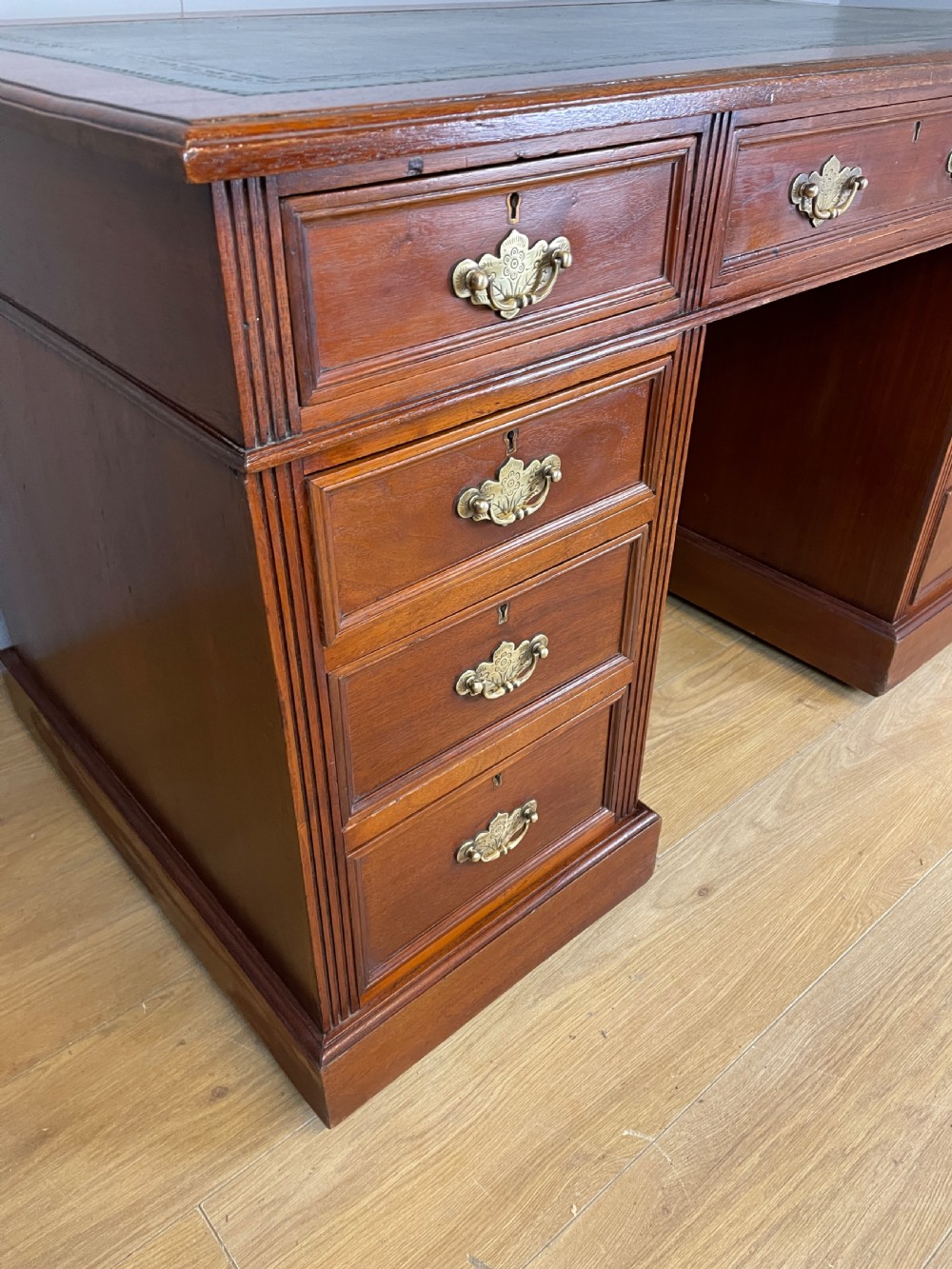 C19TH three part walnut desk with inset leather top View III