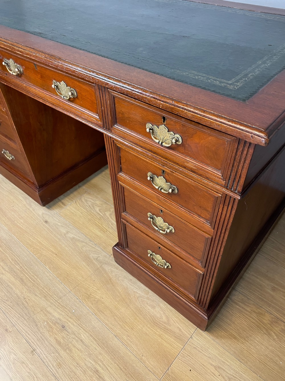 C19TH three part walnut desk with inset leather top View V