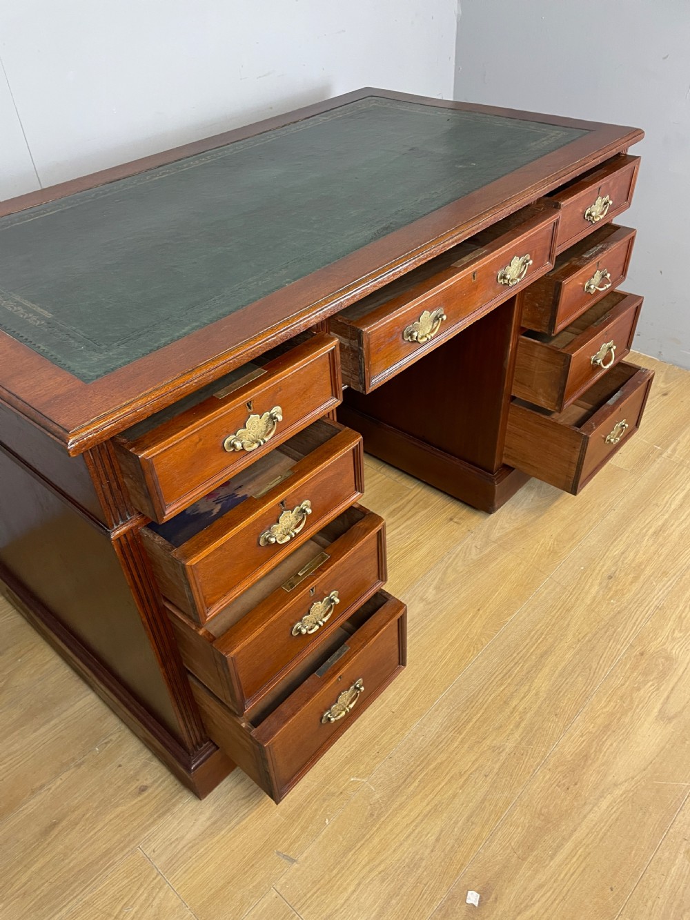 C19TH three part walnut desk with inset leather top View VI