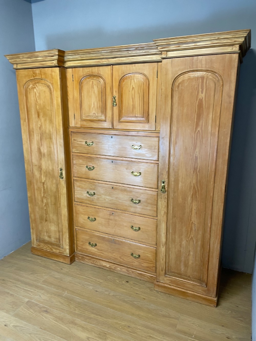 C19TH large pine breakfront wardrobe 