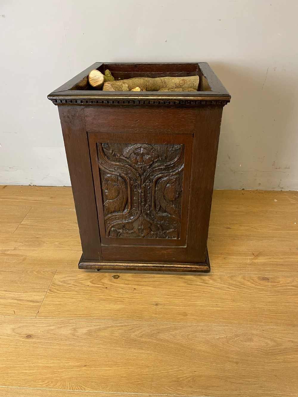 C19TH solid oak carved log bin in Jacobean style  View IV