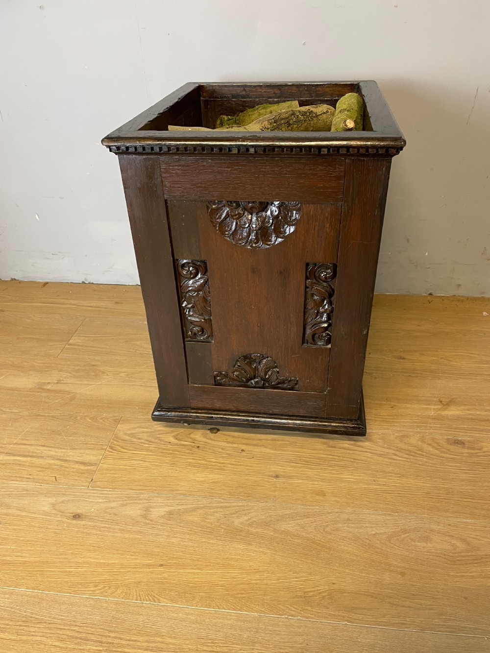 C19TH solid oak carved log bin in Jacobean style  View V