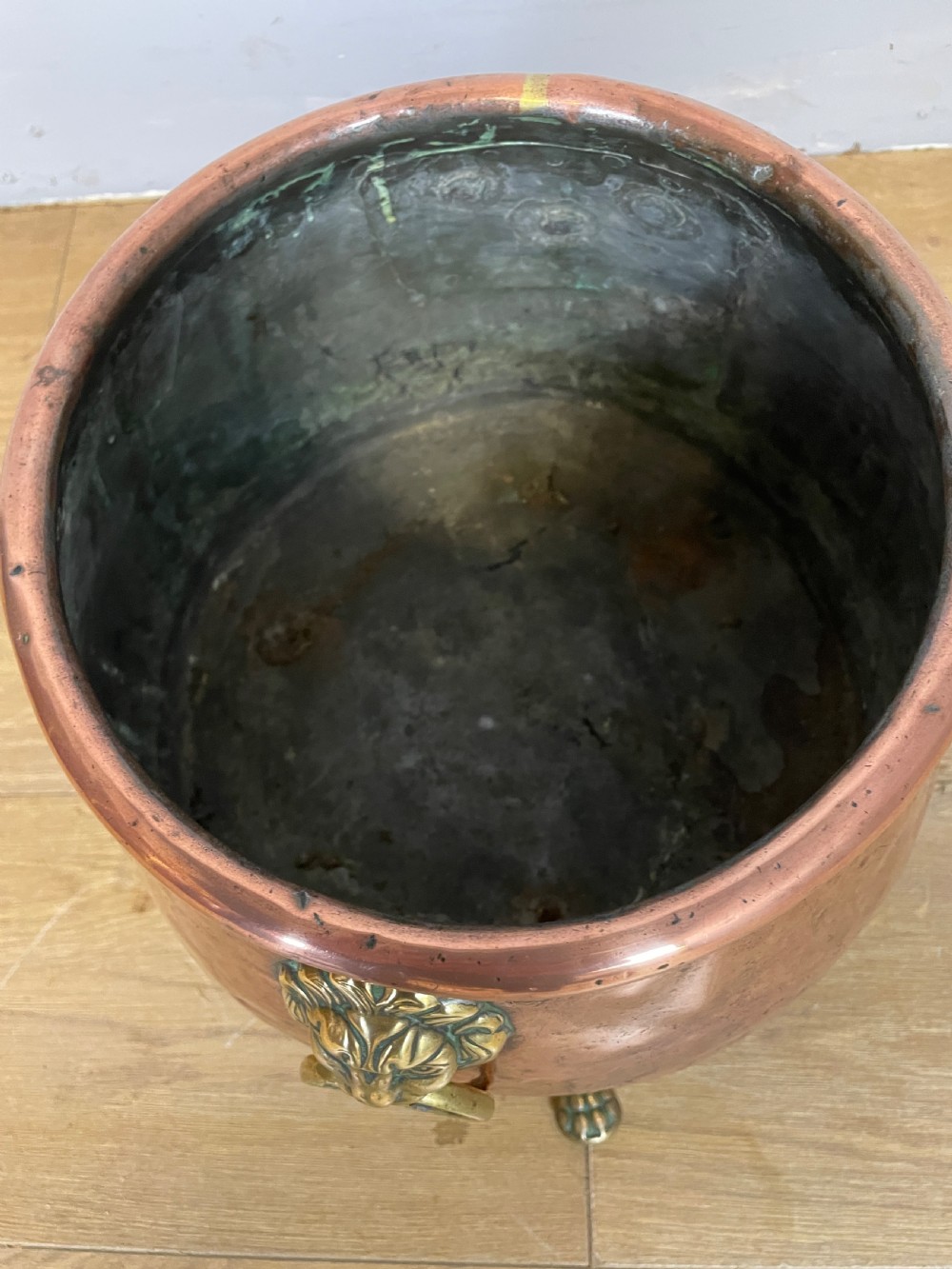 Victorian copper jardiniere with brass handles  View V