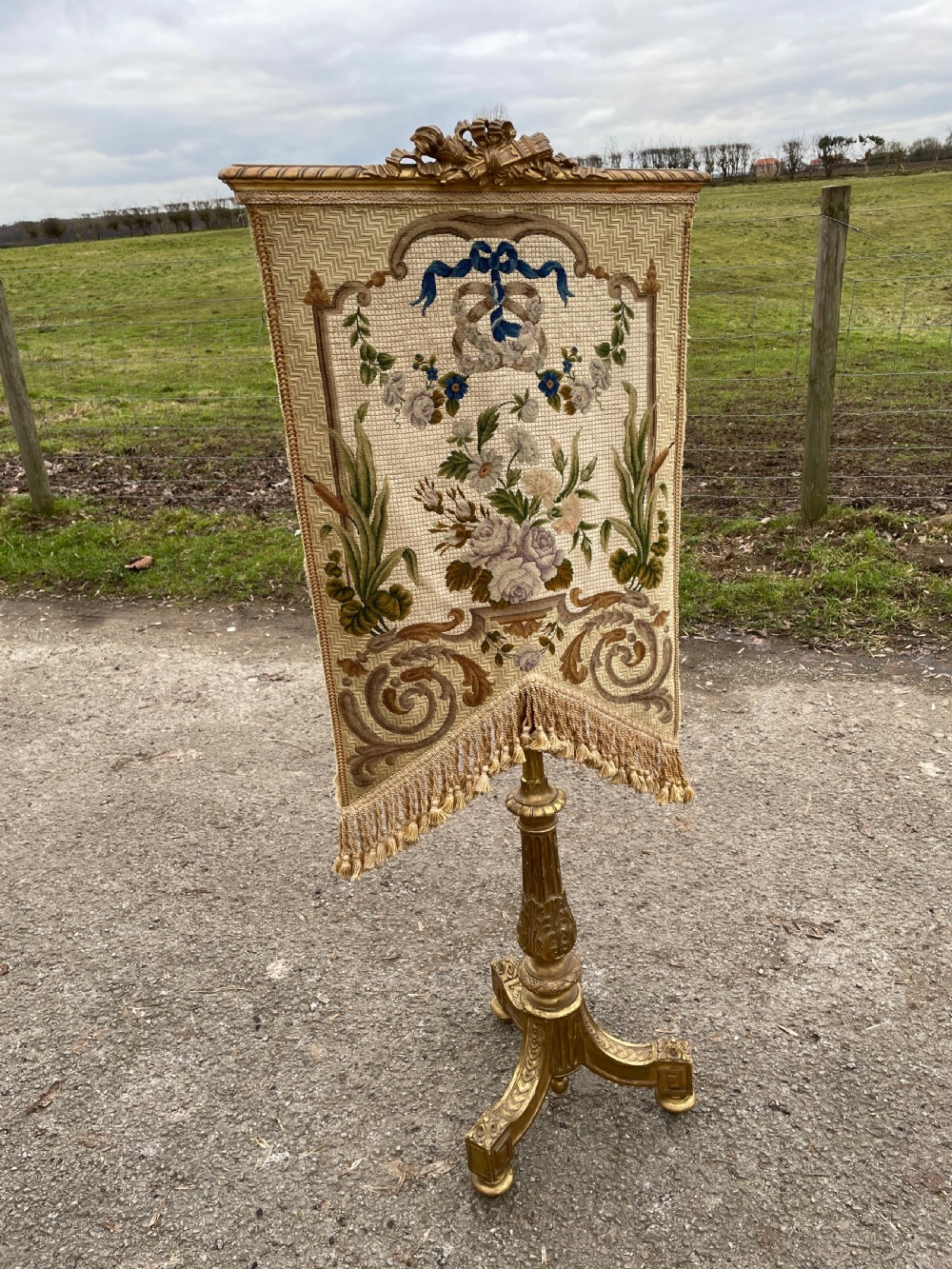C19TH carved gilded needlepoint fire screen  View II
