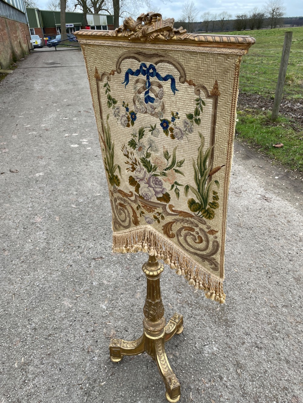 C19TH carved gilded needlepoint fire screen  View V