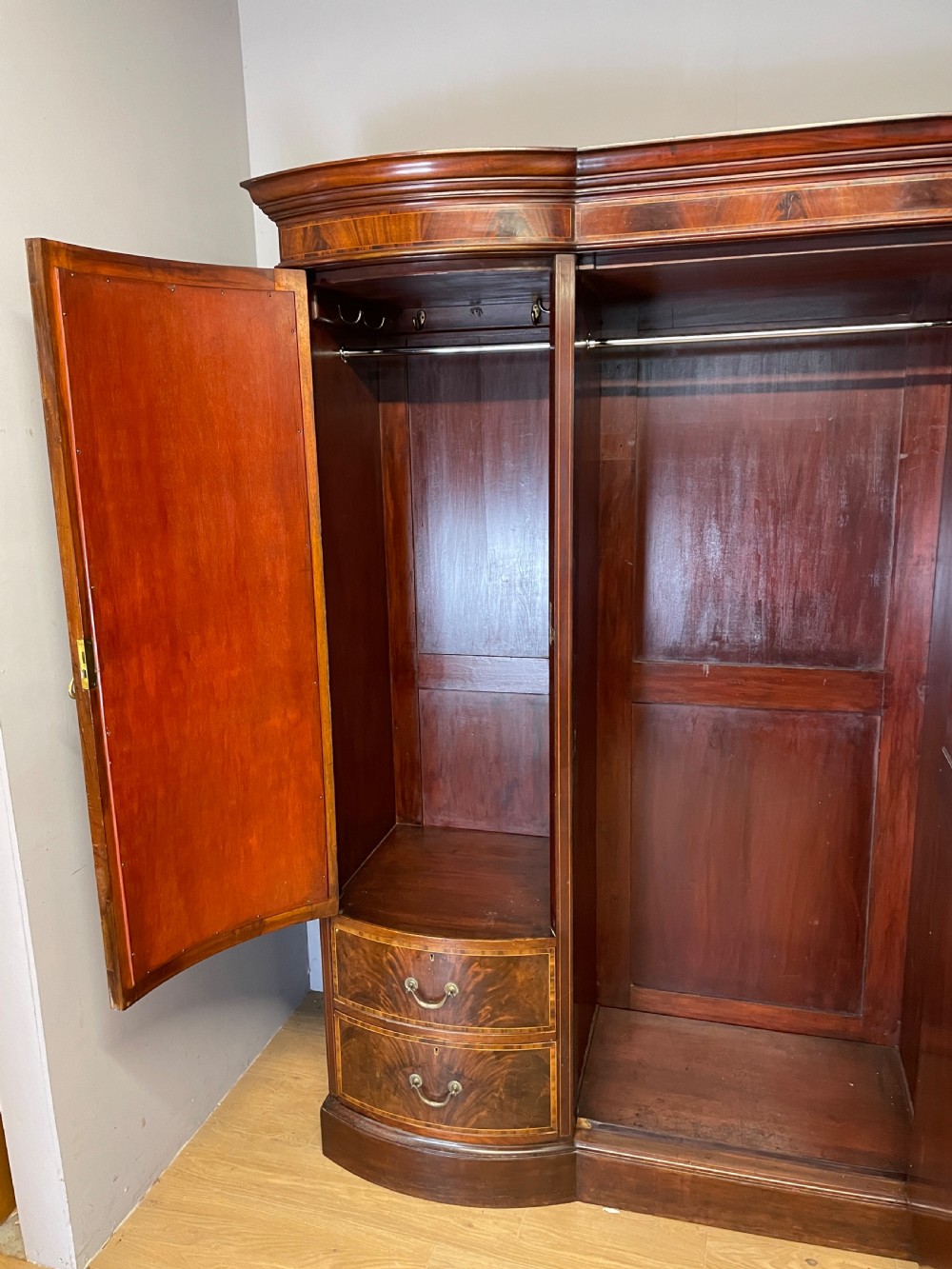 C19TH flame mahogany inlaid triple bow front wardrobe  View X