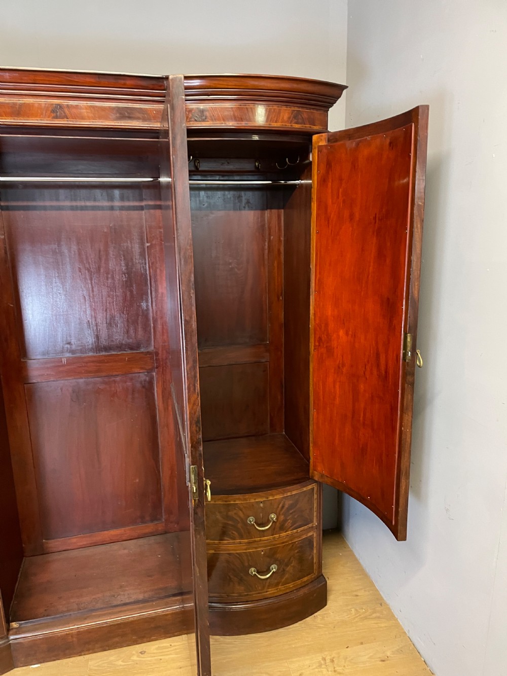 C19TH flame mahogany inlaid triple bow front wardrobe  View XI