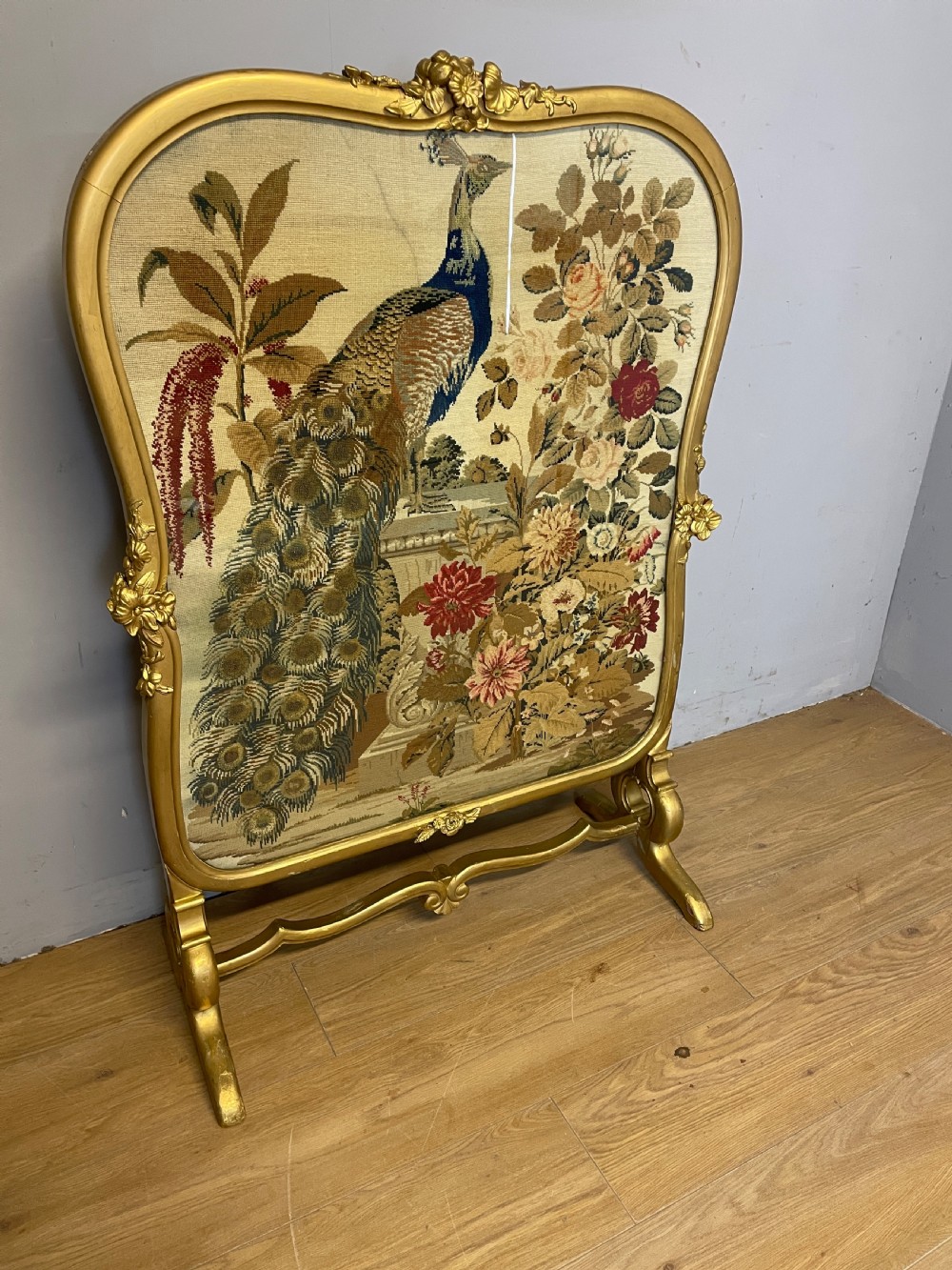 Large country house carved needlework fire screen  View II