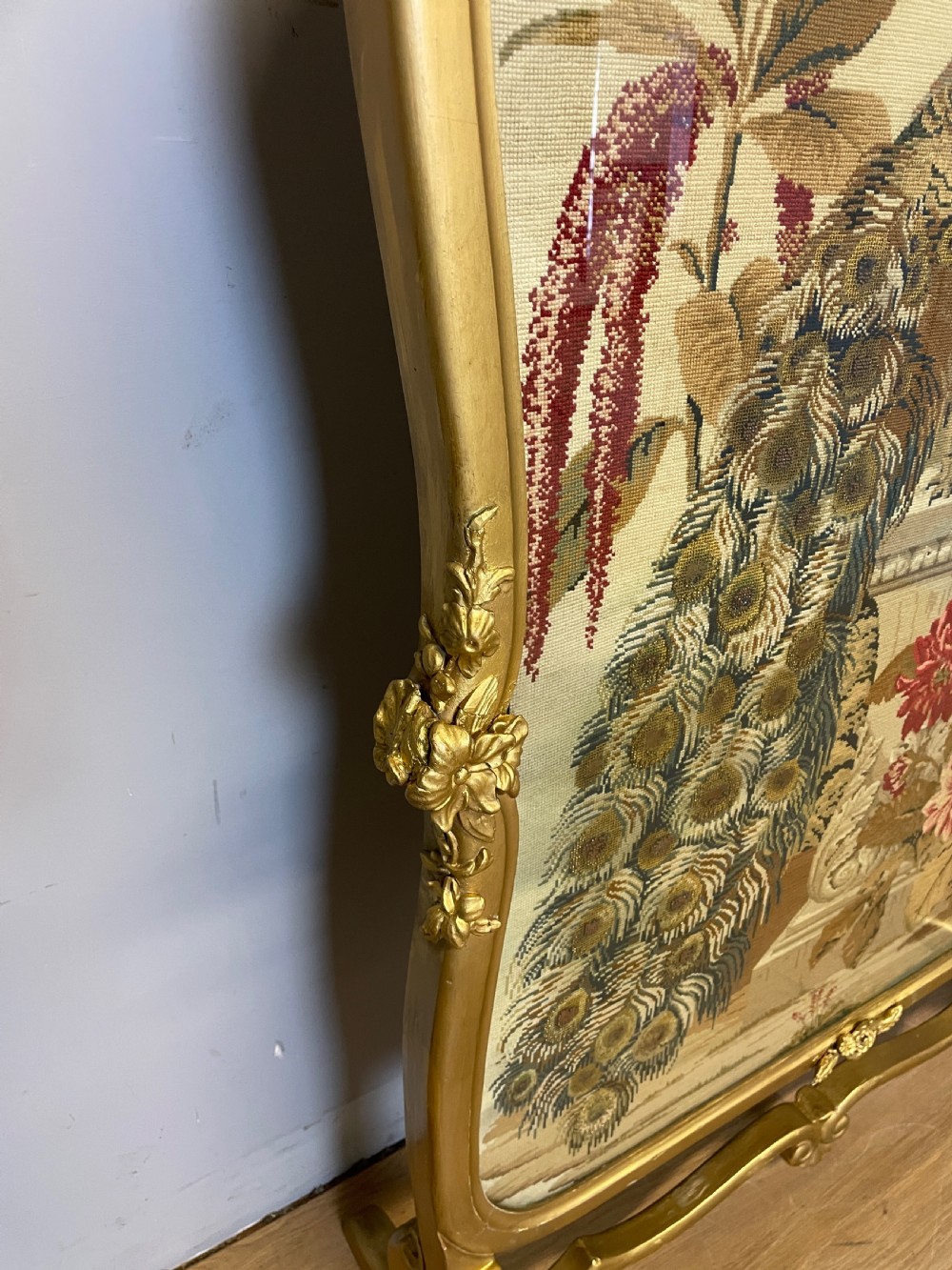 Large country house carved needlework fire screen  View III
