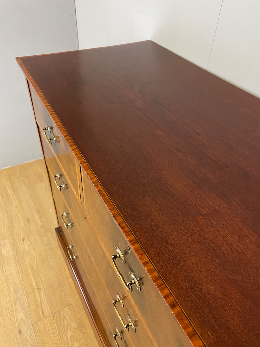 Edwardian flame mahogany inlaid chest of drawers  View IV