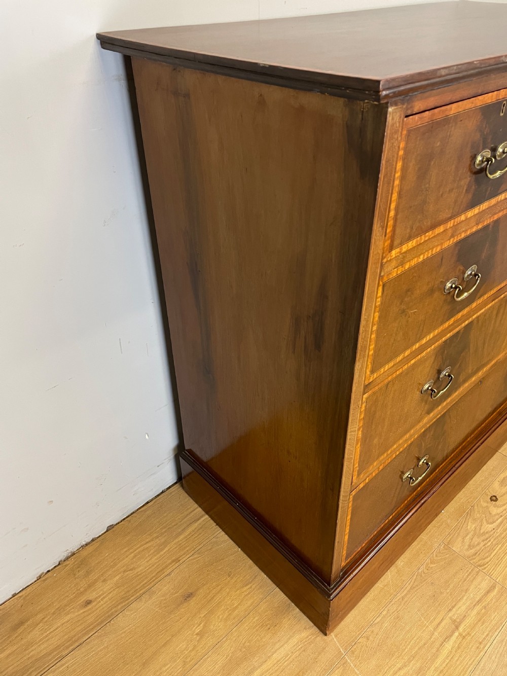 Edwardian flame mahogany inlaid chest of drawers  View V